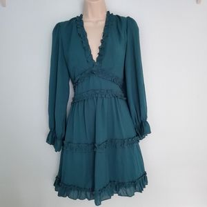 EUC V-neck Long Sleeve Dark Green Ruffled Dress - Sz S(M)